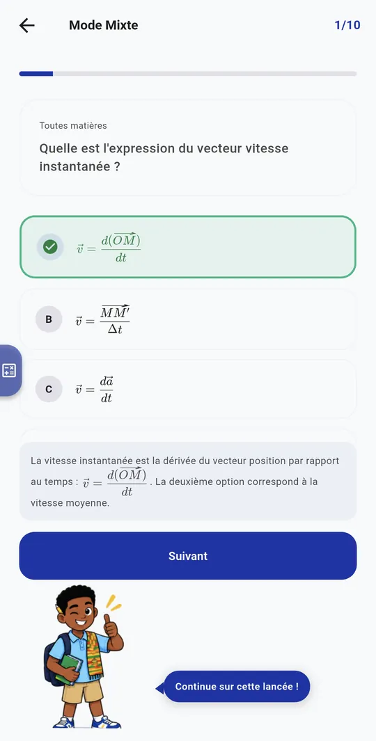 Écran de quiz d'OptiScol Élève : bonne réponse, explication, et Kofi qui dit « Continue sur cette lancée ! »