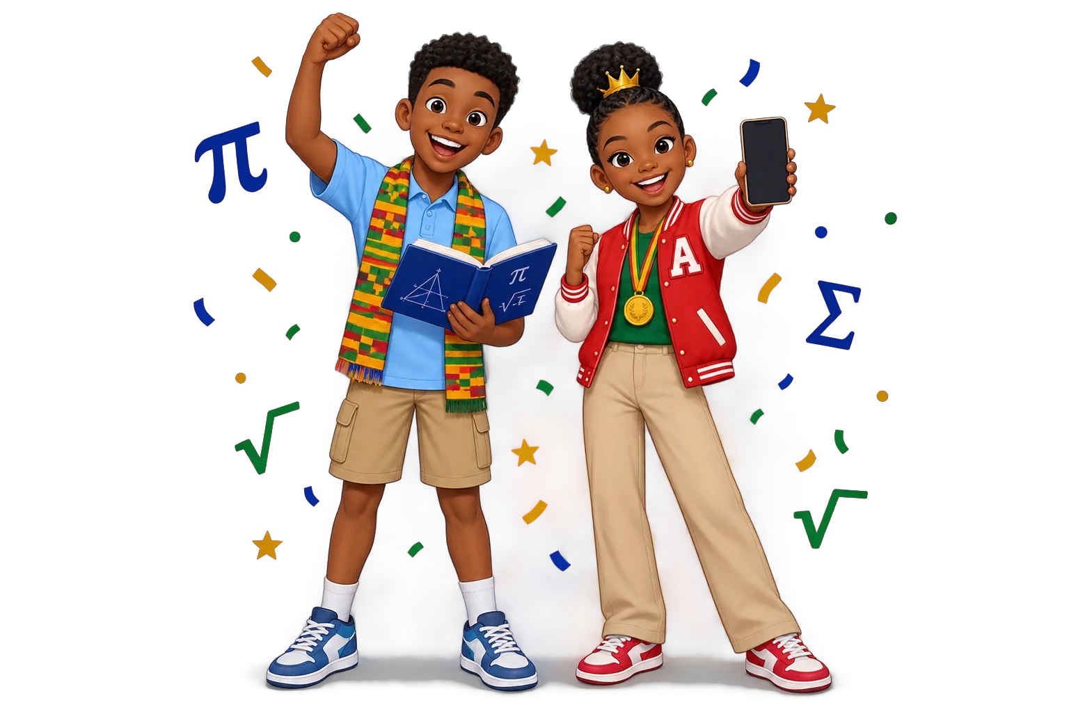 Kofi et Afi, les mascottes d'OptiScol Élève, fêtent leur réussite